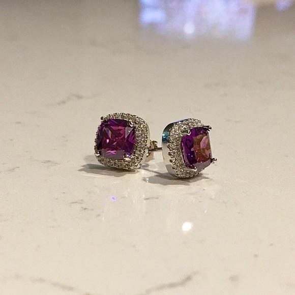 925 Silver Amethyst & Sapphire Halo Cut Earrings - Picture 12 of 12